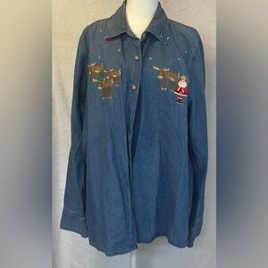It won’t be long now…..Denim Shirt with Santa and Reindeer Embroidery